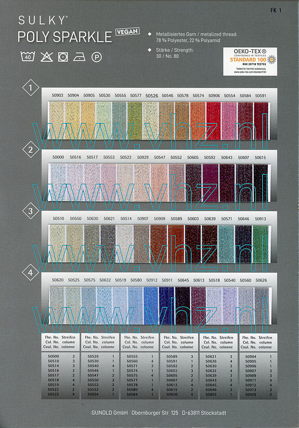 Sulky Poly Sparkle gemetaliseerd polyester kleurenkaart